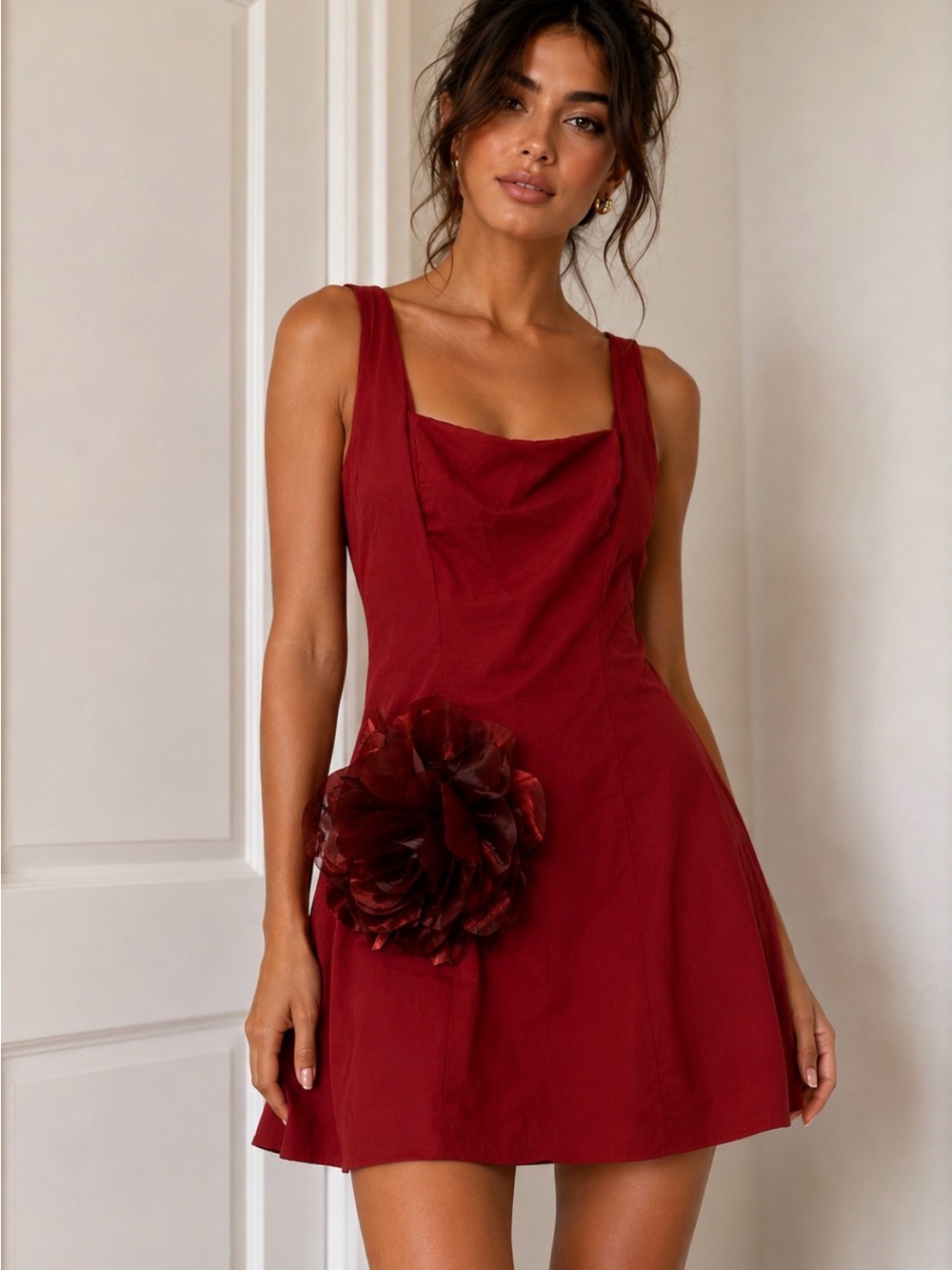 Badgley Mischka Crimson Sleeveless Mini Dress (flower was added)
